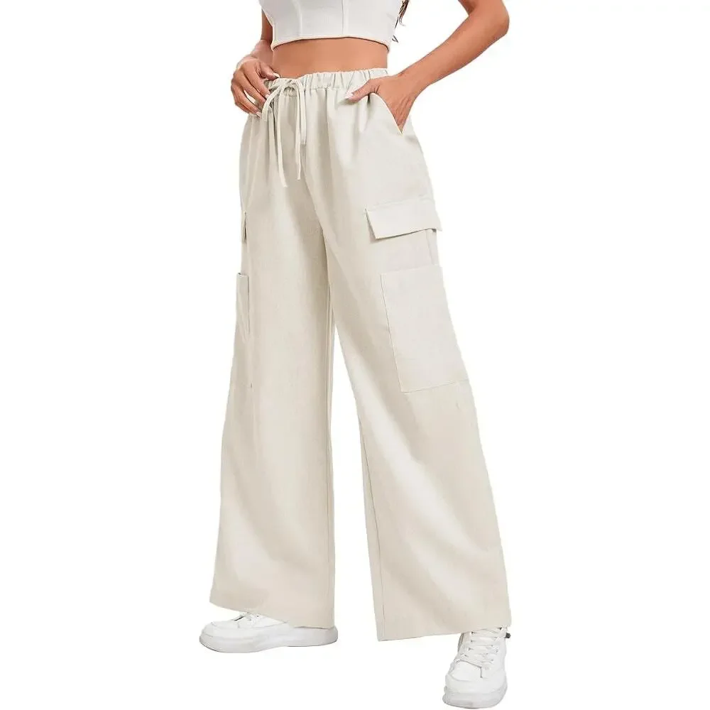 Reformation Linen The Ethan Cargo Pants Beige Drawstring Wide Leg Small
